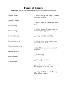 Forms of Energy Vocabulary by Melissa Stout | Teachers Pay Teachers