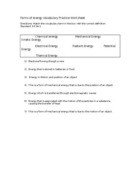 Preview of Forms of Energy Vocabulary Worksheet