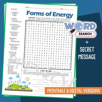 Preview of Forms of Energy WordSearch Puzzle Vocabulary Activity Test Quiz Review Worksheet