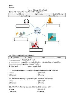 Forms of Energy - Worksheet | Distance Learning by Science Worksheets