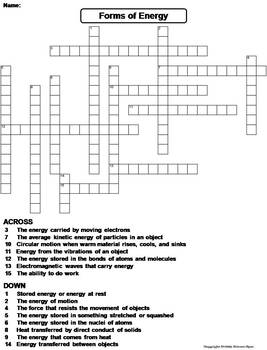 Preview of Forms of Energy Worksheet/ Crossword Puzzle (Thermal, Kinetic, Potential, Sound)
