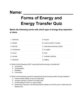Preview of Forms of Energy and Energy Transfer Quiz