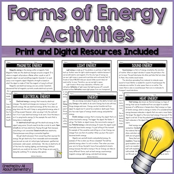 Preview of Forms of Energy {light, magnetic, electrical, heat, and sound energy}