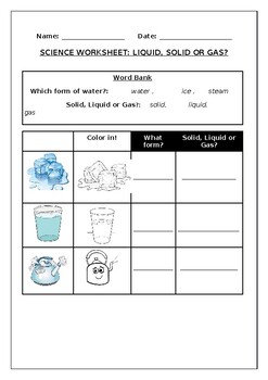 Preview of Science worksheets: Forms of water worksheet (Solid, liquid or gas?)