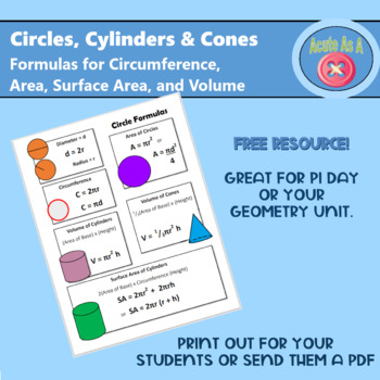 Preview of Formulas for Circles, Cones and Cylinders - Free PDF Resource