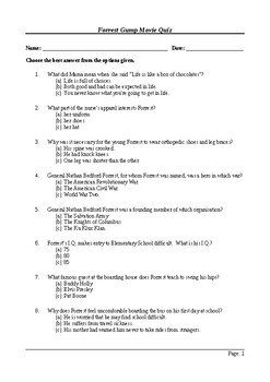 Forrest Gump Multiple Choice Final Quiz Assessment By M Walsh
