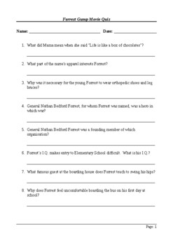 Forrest Gump Questions Quiz Assessment By M Walsh Tpt