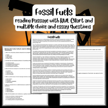 Preview of Fossil Fuels Reading Passage With Standards Based Questions and KWL Chart!