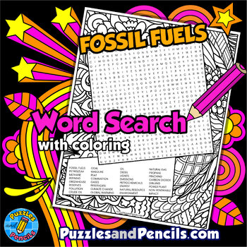 Preview of Fossil Fuels Word Search Puzzle Activity with Coloring | Energy Wordsearch