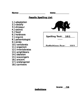 Preview of Fossils Spelling Words