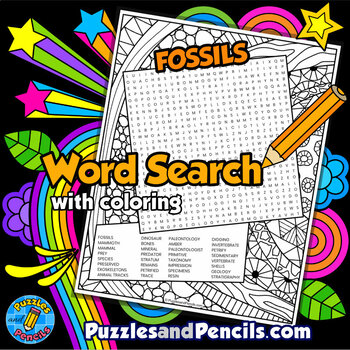 Preview of Fossils Word Search Puzzle Activity Page with Coloring | National Fossil Day