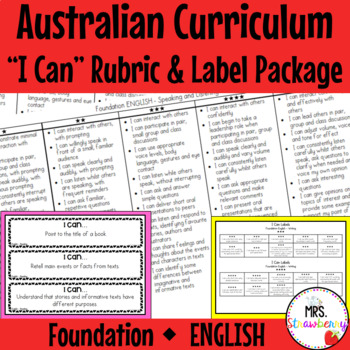 Preview of Foundation ENGLISH Australian Curriculum "I Can" Rubric and Label Package