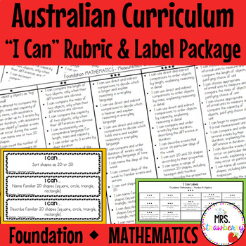 Preview of Foundation MATHEMATICS Australian Curriculum "I Can" Rubric and Label Package