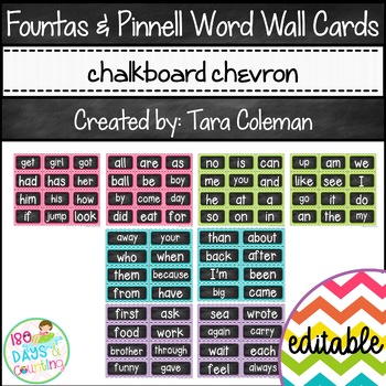 Preview of Fountas & Pinnell Word Wall Cards Editable (chalkboard/chevron)