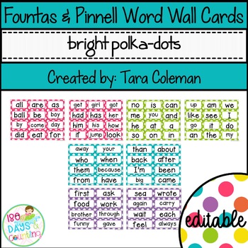 Preview of Fountas & Pinnell Word Wall Cards Editable (bright polka-dots)
