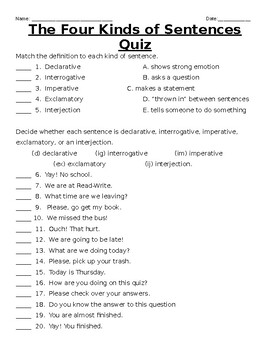 Four Kinds of Sentences Quiz by Hartley Little | TpT