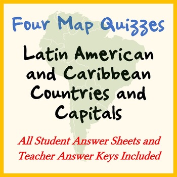 Preview of FOUR MAP QUIZZES -- LATIN AMERICA COUNTRIES AND CAPITALS (key included)