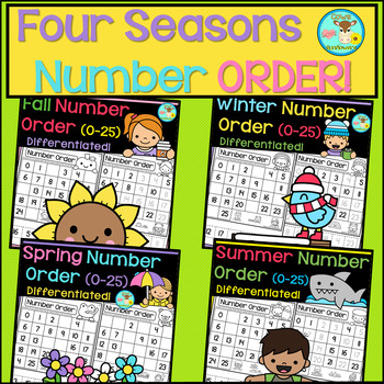 Preview of Four Seasons Number Order (0-25) | Trace, Cut, and Glue Worksheets BUNDLE!