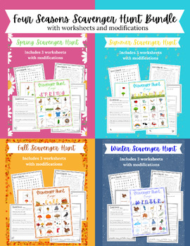 Preview of Four Seasons Scavenger Hunt BUNDLE with worksheets and modifications