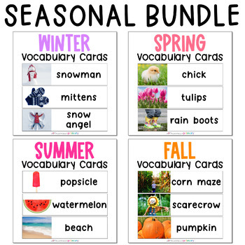Preview of Seasonal Vocabulary Cards, Words and Real Pictures, Fall Winter Spring Summer
