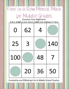 Preview of Four-in-a-Row Mental Math Game/Center for Middle Grades