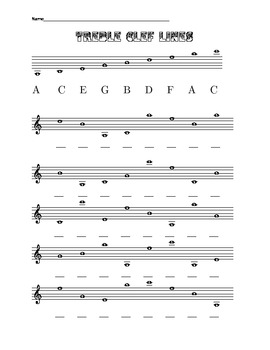 Four worksheets about the lines and spaces of the treble clef. quiz