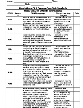 Preview of Fourth Grade Child Friendly CCLS for ReadyGen Unit one Module B