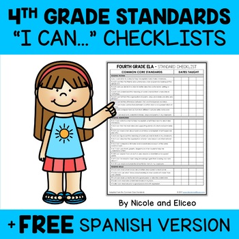 Preview of Fourth Grade Common Core Standards I Can Statement Checklists 1 + FREE Spanish