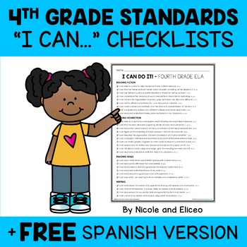 Preview of Fourth Grade Common Core Standards I Can Statement Checklists 2 + FREE Spanish