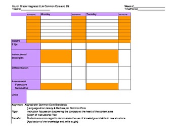 Preview of Fourth Grade Common Core Weekly ELA Plan Template