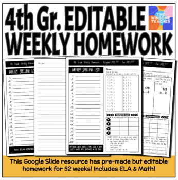 Preview of Fourth Grade EDITABLE Weekly Homework - Winsome Teacher