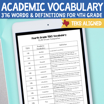 Preview of Fourth Grade RLA TEKS Academic Vocabulary List & Definitions