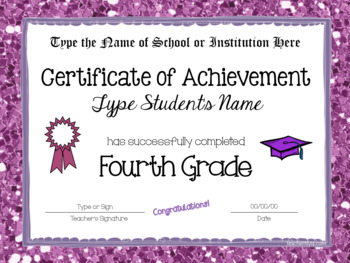 Fourth Grade Editable Graduation Certificates - Glitter Borders | TPT