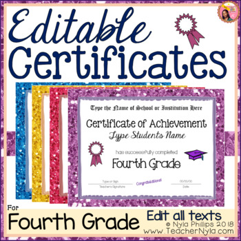 Preview of Fourth Grade Editable Graduation Certificates - Glitter Borders