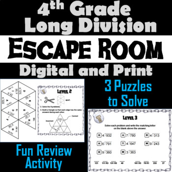 Preview of Fourth Grade Long Division with Remainders Activity Escape Room Math Review Game