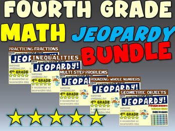 Preview of Fourth Grade MATH JEOPARDY BUNDLE - Fractions, Inequalities, rounding, shapes