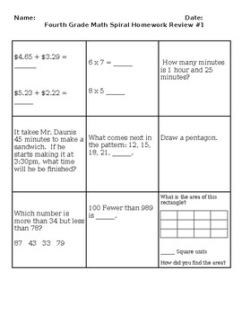 Preview of Fourth Grade Math Review Homework