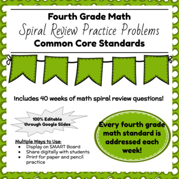 Preview of Fourth Grade Math Spiral Review for the whole year!