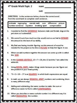 enVision Math 4th Grade 2009 version Vocabulary CLOZE Worksheet Activities