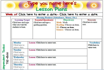 Preview of Fourth Grade Weekly Lesson Plan Template with Common Core Drop Down Boxes