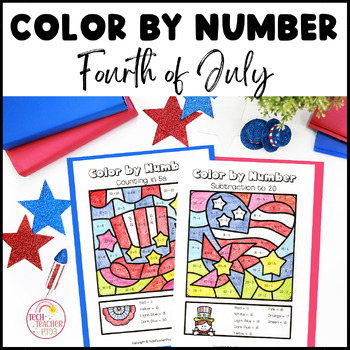 Preview of Fourth of July Color by Number Addition Subtraction Worksheets 