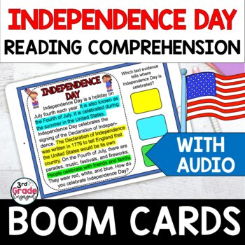 Preview of 4th of July Finding Citing Text Evidence Reading Boom Cards Task Cards Audio