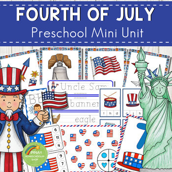 Preview of Fourth of July Independence Day Preschool Math and Literacy Centers