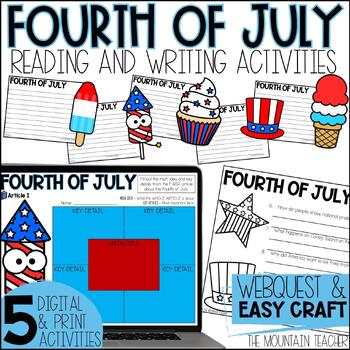 Preview of Fourth of July Reading Comprehension Activities, Writing, Webquest & Craft