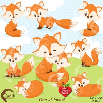 Preview of Fox Clipart, Cute Foxes Clipart, Mother and Baby Fox, Fox Den, AMB-1346