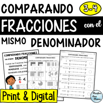 Preview of Fracciones con el mismo denominador - Comparing Fractions in Spanish