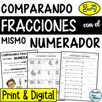 Preview of Fracciones con el mismo numerador - Comparing Fractions in Spanish
