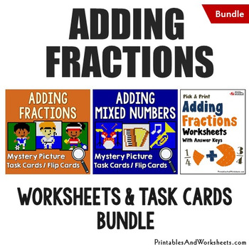 Preview of Adding Fractions Worksheets, Review, Coloring Activity, Puzzle Project Bundle