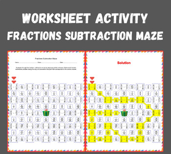 Preview of Fraction Subtraction Maze Worksheet (Unlike Denominators) No Prep #TOAST23