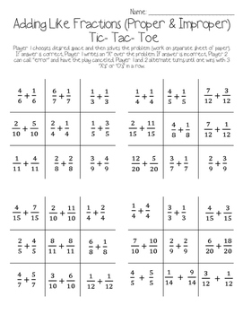 Fractions Tic-Tac-Toe with 5 Game Boards